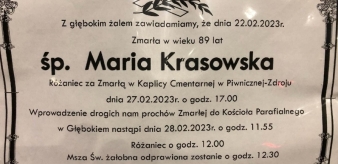 Wspomnienie śp. Marii Krasowskiej. Msza św. pogrzebowa odbędzie się 28.02.2023 r. o godz. 12:30
